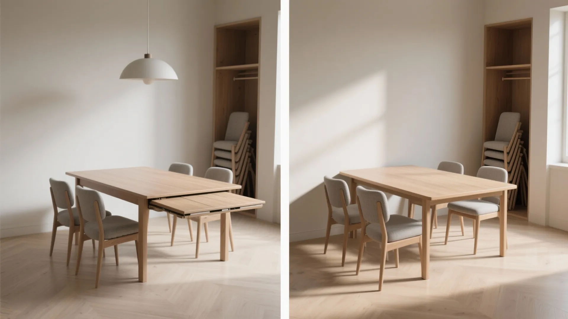 Extendable wooden dining table side by side comparison showing folded and unfolded positions with chairs