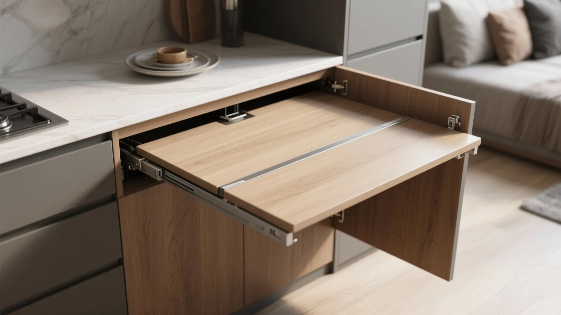 Modern kitchen cabinet with a pull out wooden table surface to save space in kitchens