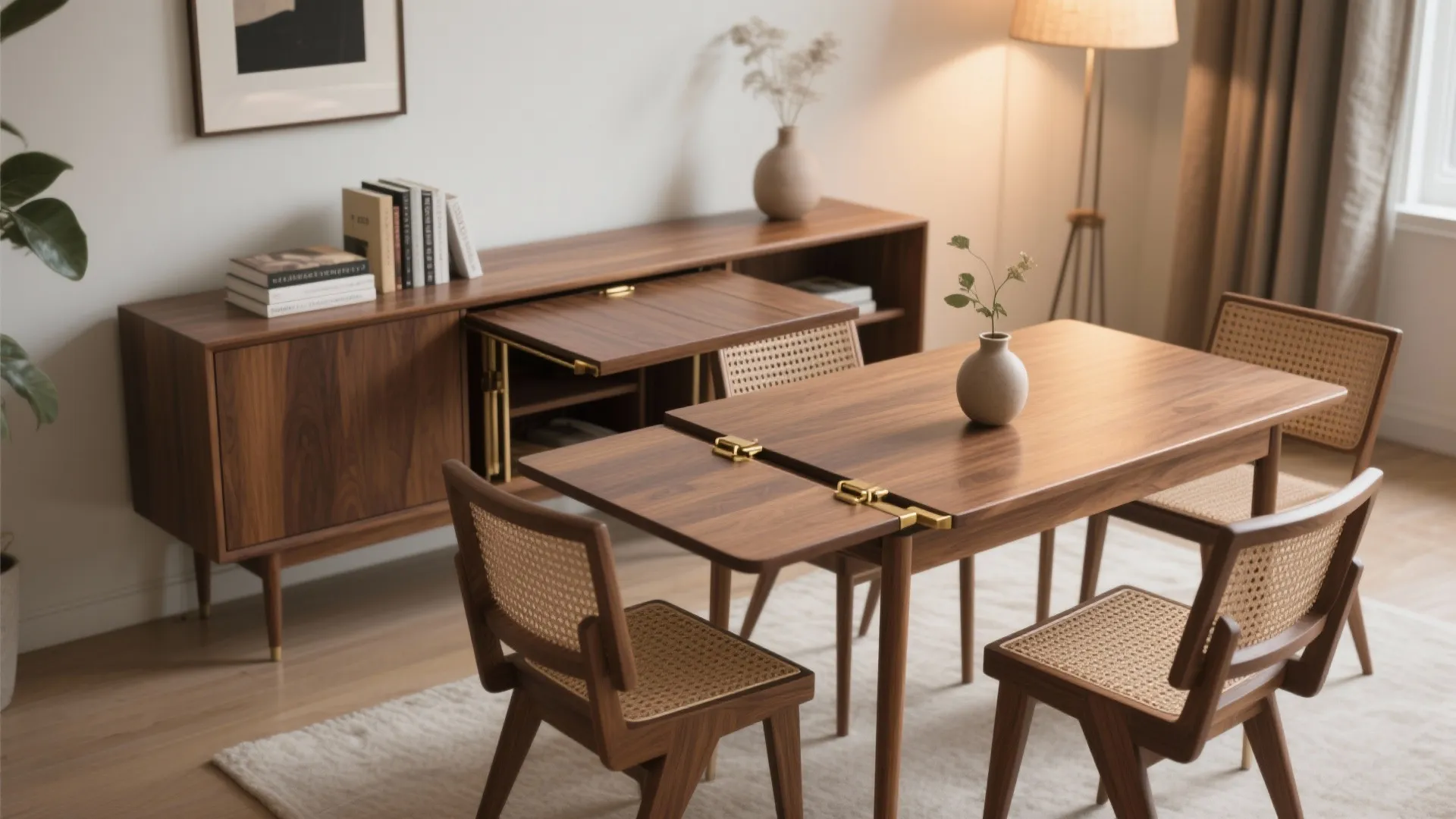 Modern wood dining table with chairs and matching wooden cabinet in a bright living room