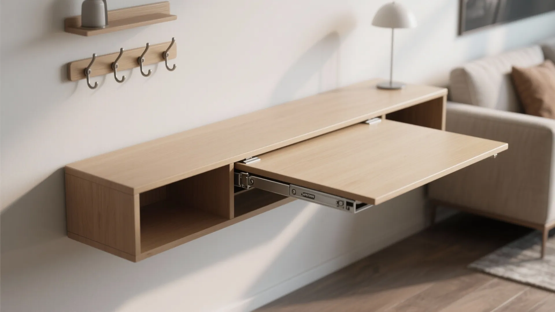 Wall mounted wooden cabinet with a pull out desk surface next to a light grey sofa