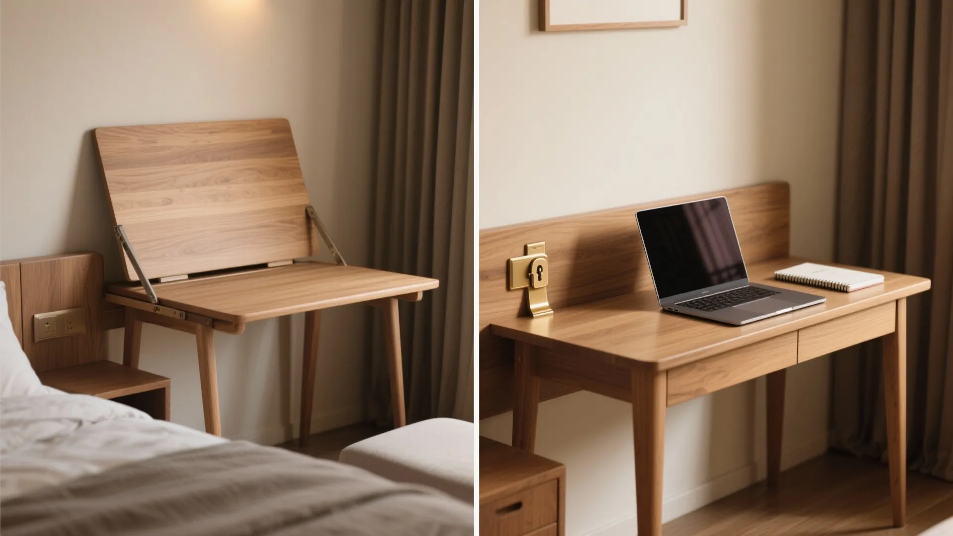 Drop-leaf desk shown folded flat on one side and opened with a laptop on the other in a tidy guest room.