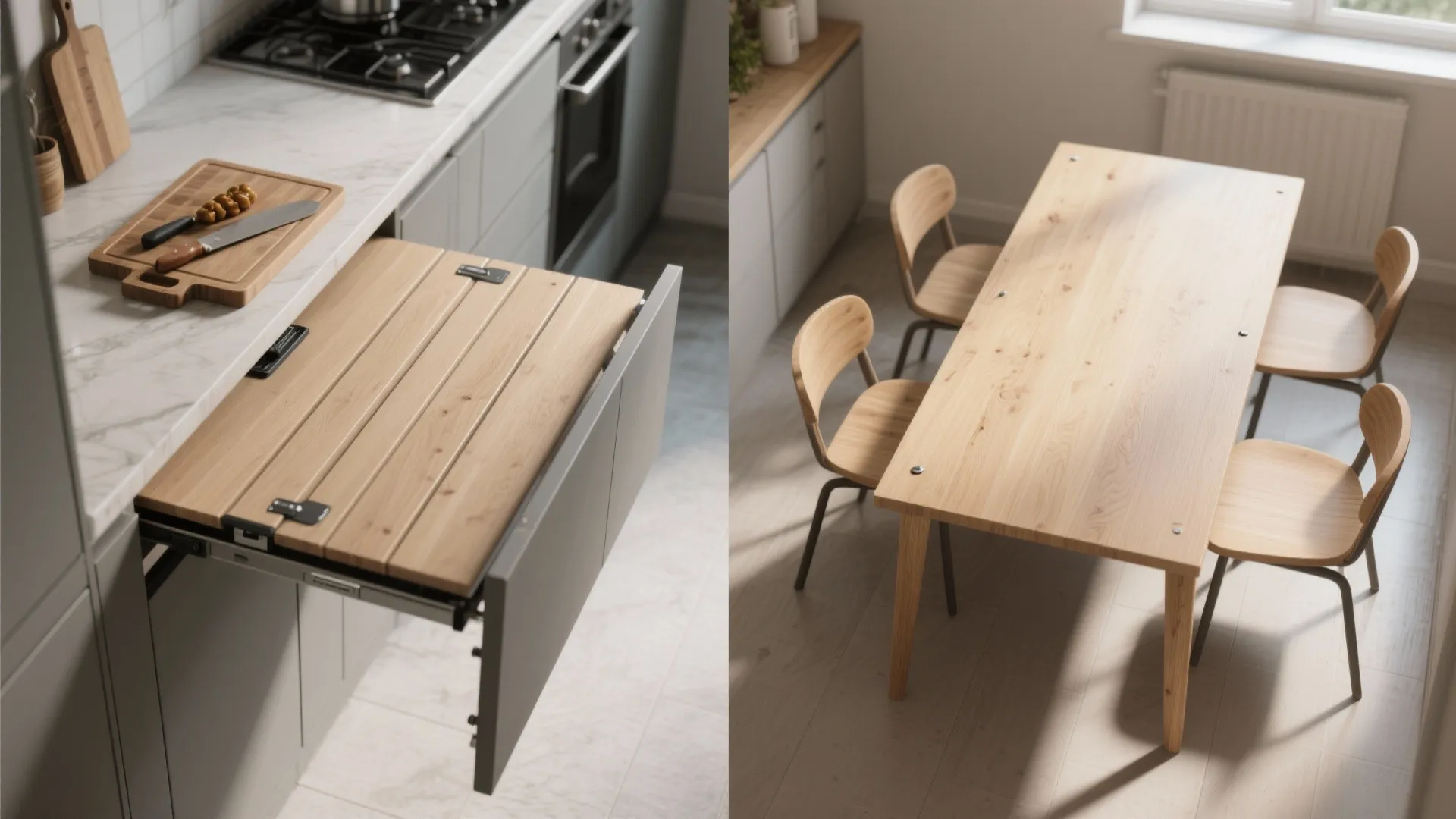 Top-down view showing a narrow drop-leaf table folded against the counter and expanded for dining.