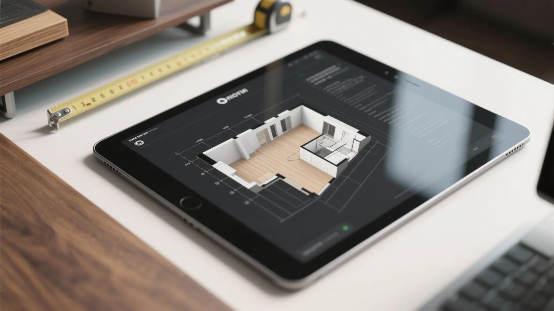 Tablet on a white desk displaying a 3D interior design drawing and a yellow tape