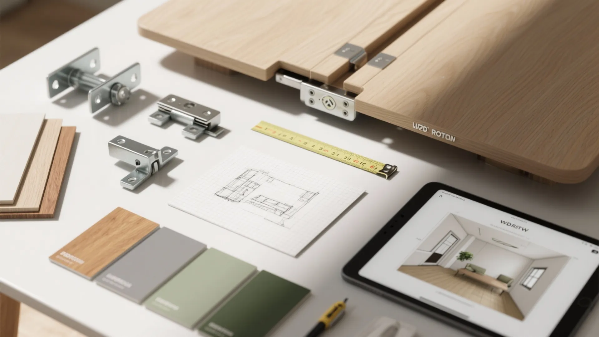Flatlay of hardware samples, edge banding swatches, sketch and tablet showing room planner for drop-leaf designs.