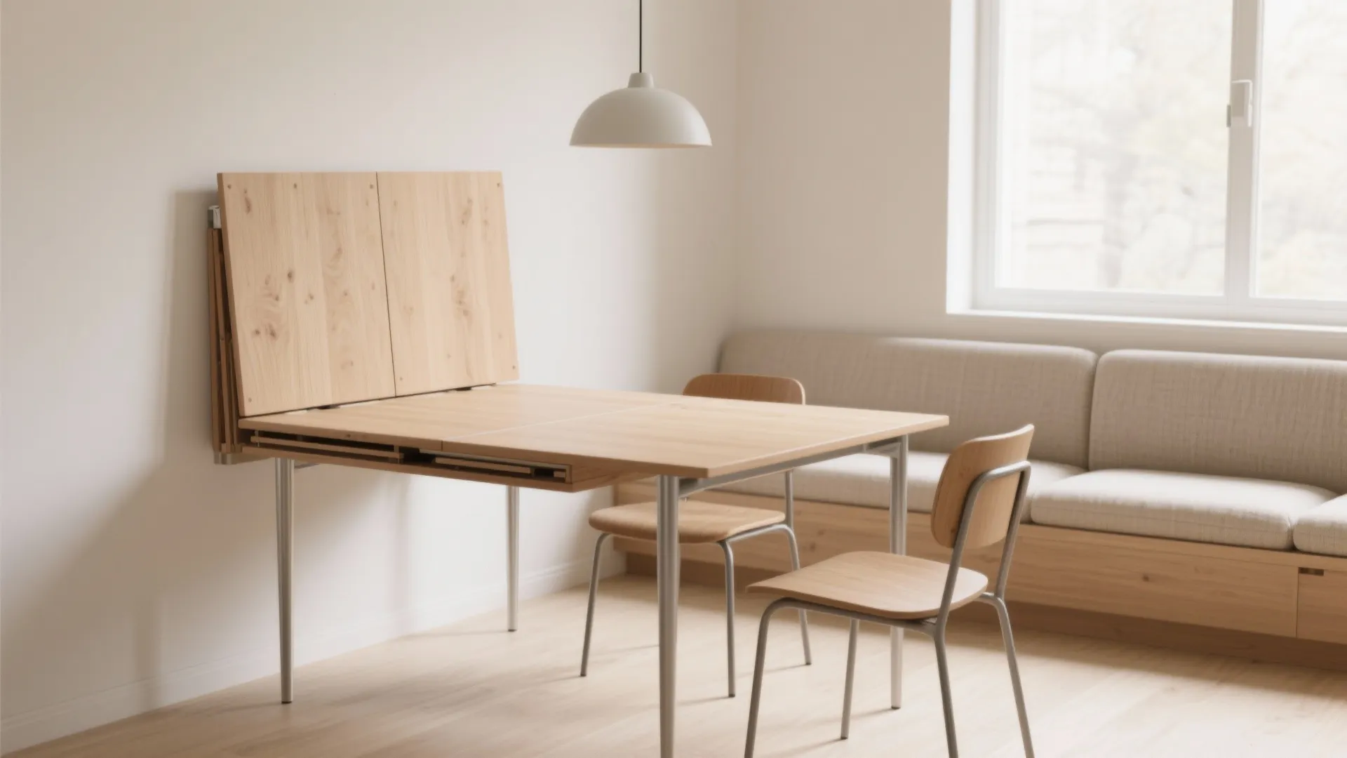 Modern light wood foldable dining table with two chairs and white ceiling light in room