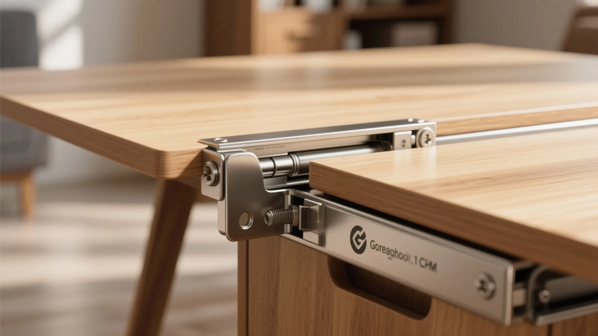 Close up of metal hinge hardware installed on a light wood folding dining table top