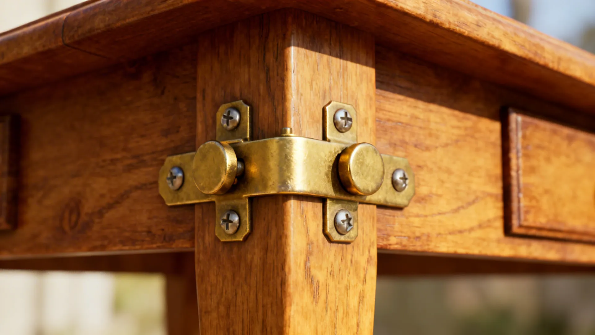 Brass metal hinge attached to wooden table leg using silver screws and a natural wood finish