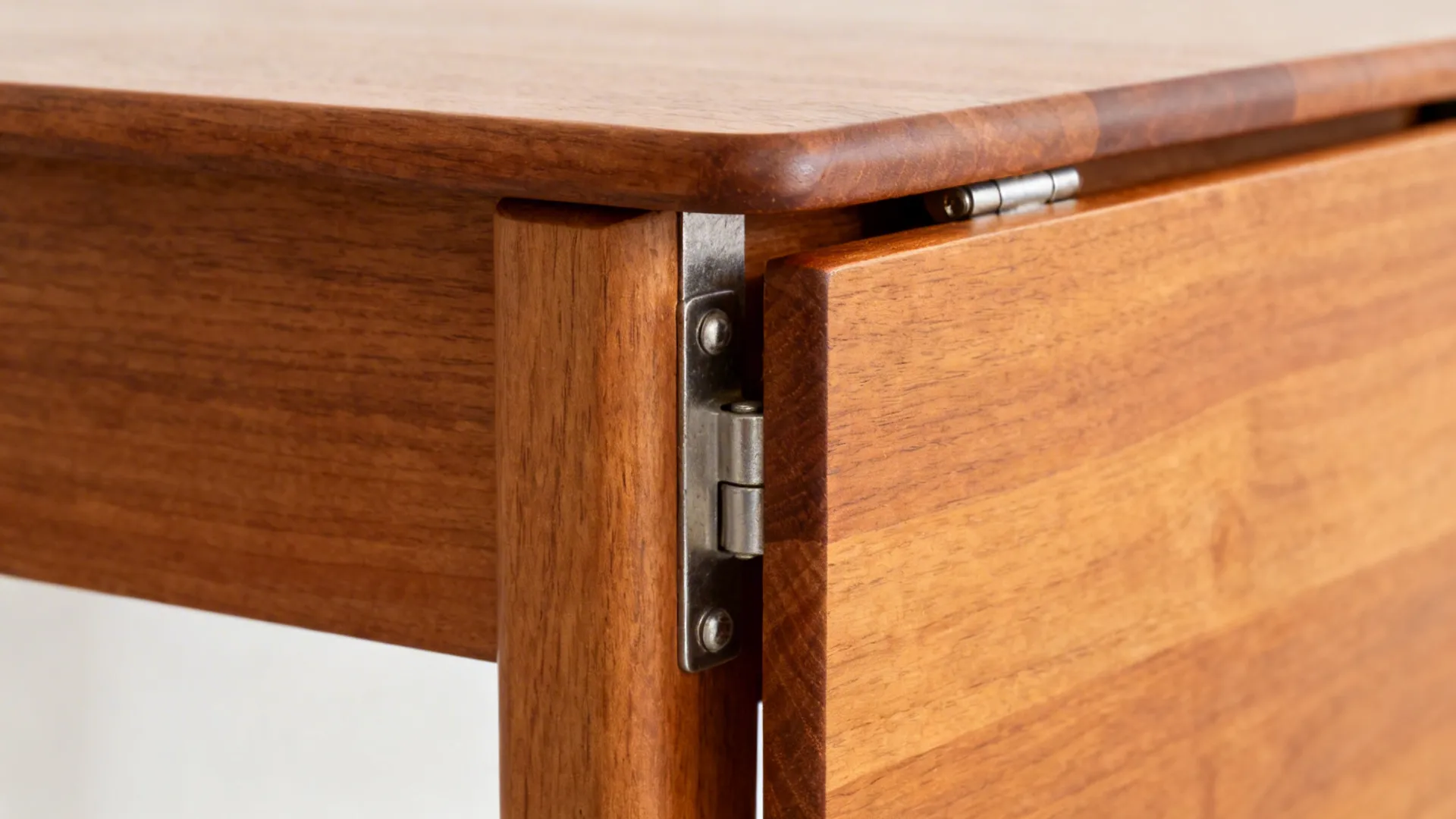 Close-up of sturdy metal hinge and support on a solid wood drop-leaf table.