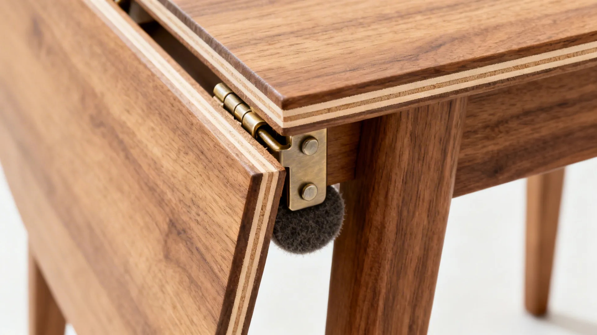 Macro of a drop-leaf table hinge with felt pad under the gateleg and detailed wood grain.