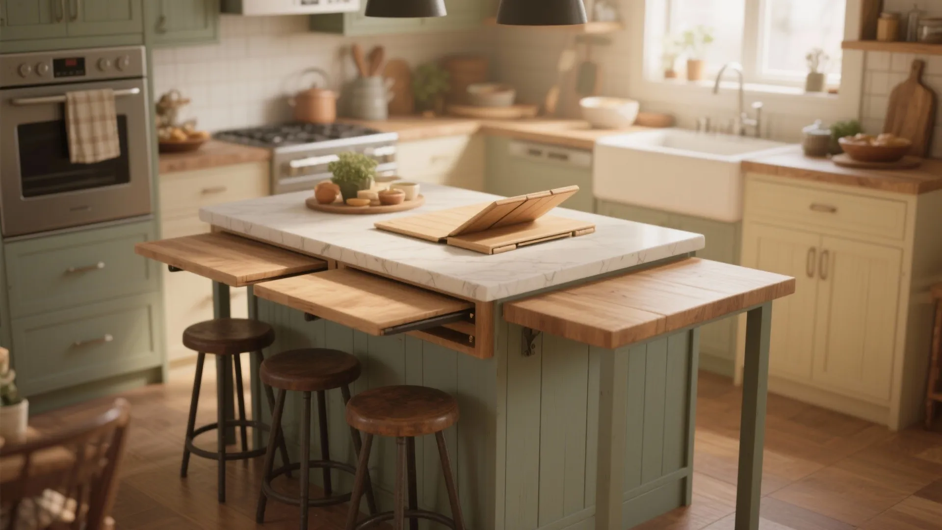 Counter-height kitchen island with a drop-leaf panel and tuck-away leg, shown in a warm casual setting.