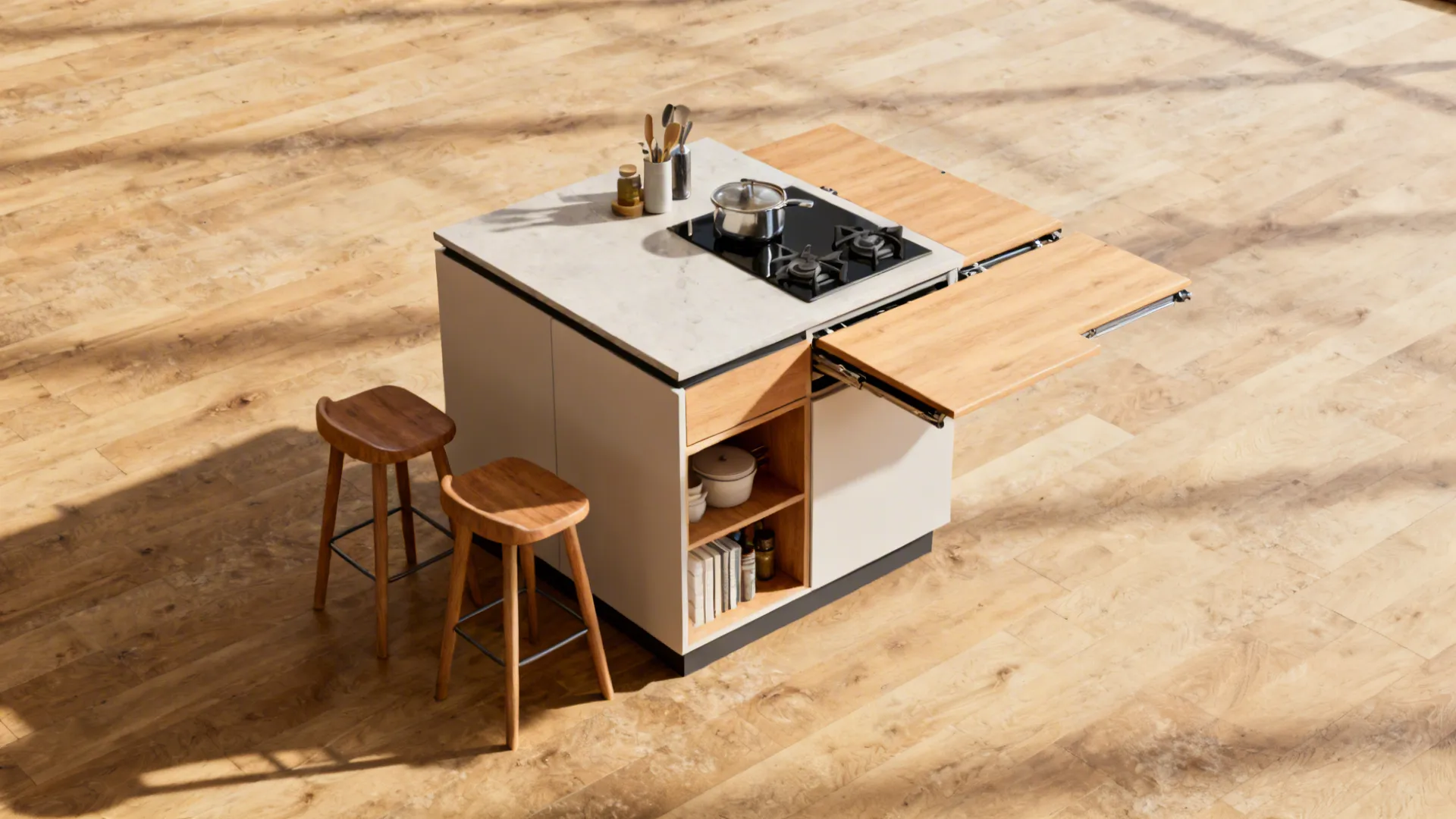 Top-down view of a compact island with a folded drop-leaf showing circulation in a small kitchen