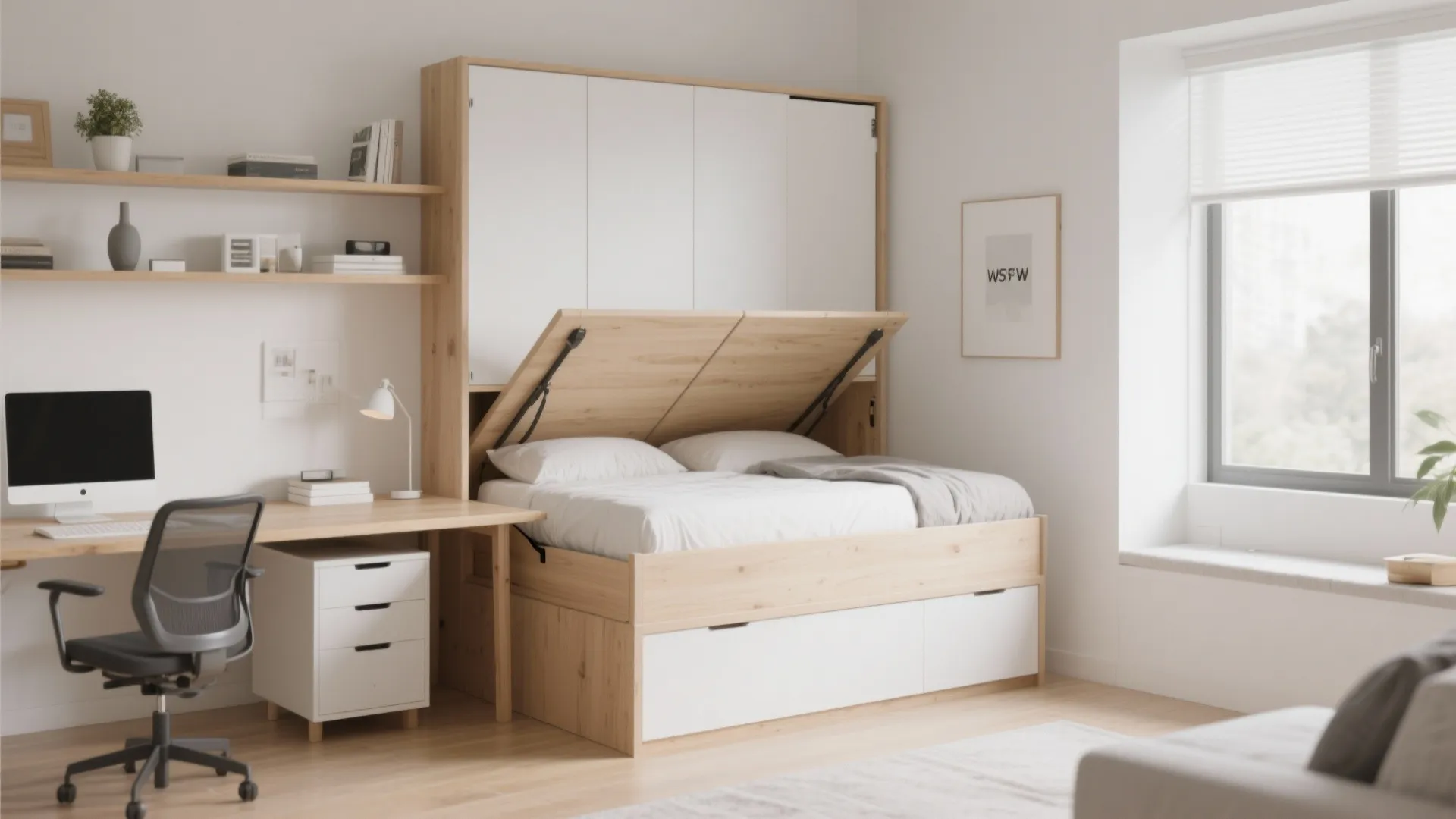 Murphy bed with drop-leaf table for extra workspace