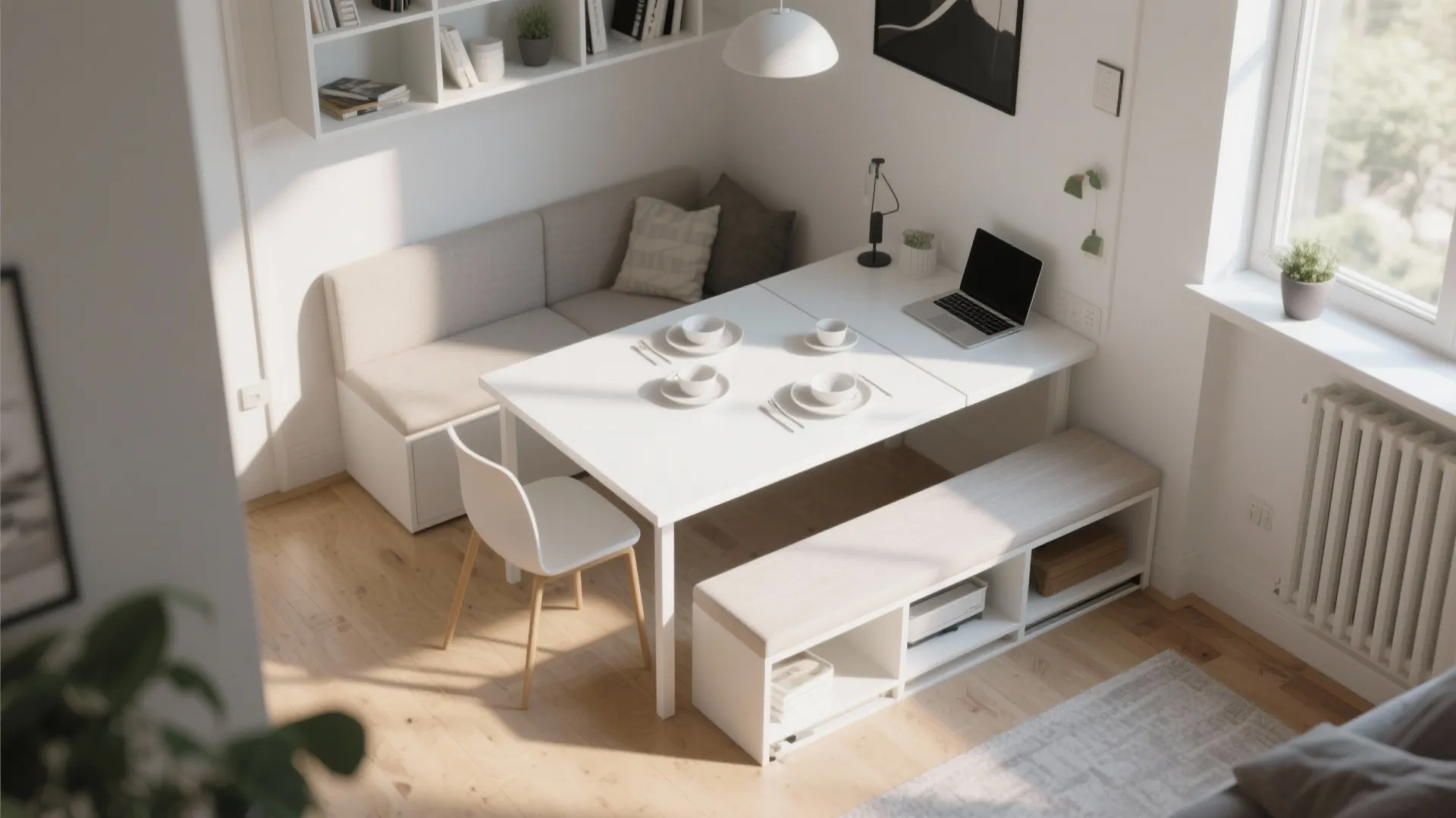 Top-down view of a drop-leaf white table partially extended with a sliding bench tucked beneath in a multifunctional apartment space.