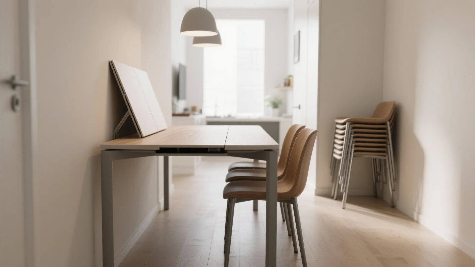Slim drop-leaf table in a narrow dining room with stackable chairs tucked away.