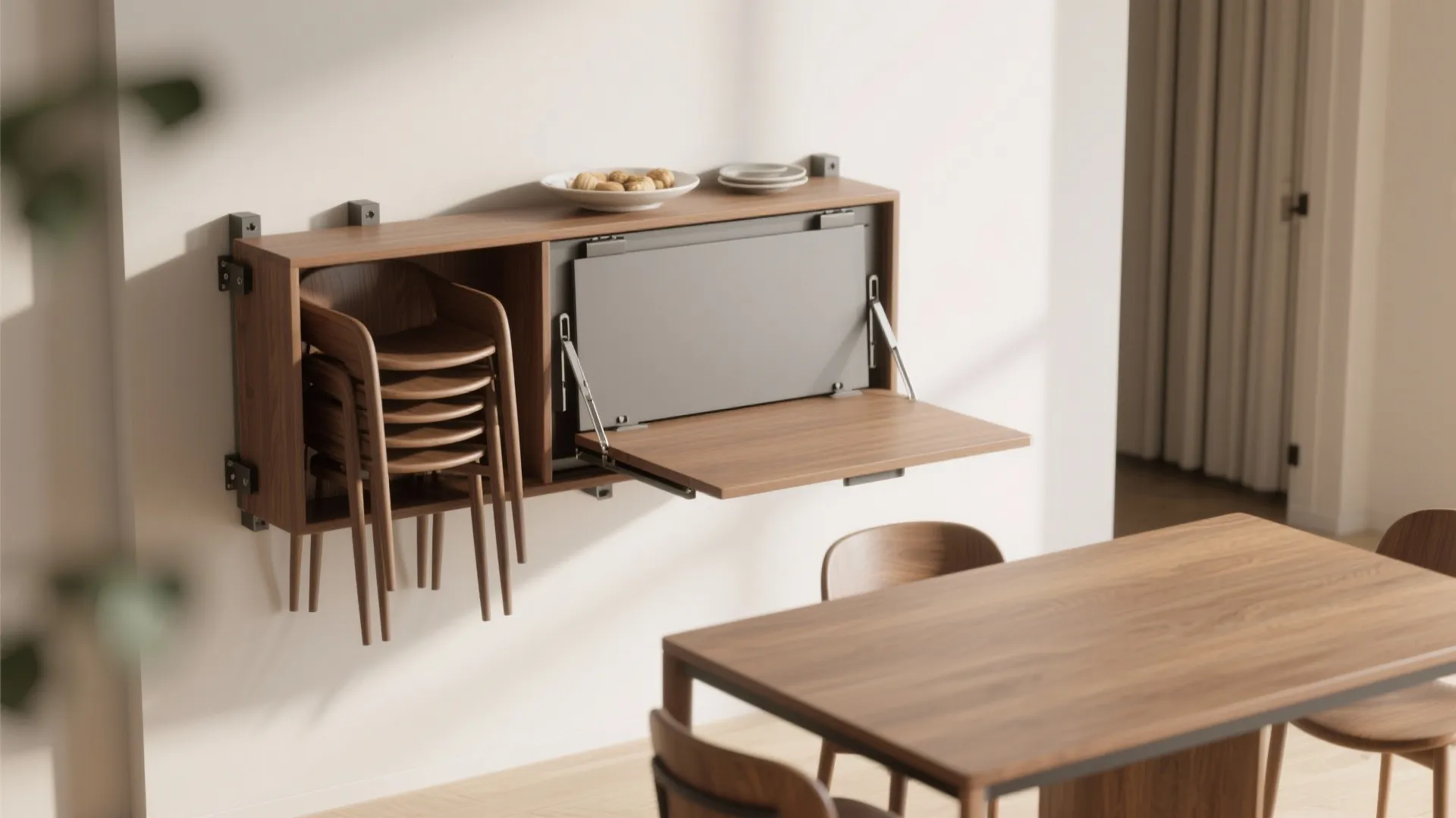 Wall mounted wooden cabinet with stacked chairs and fold down table in modern dining room
