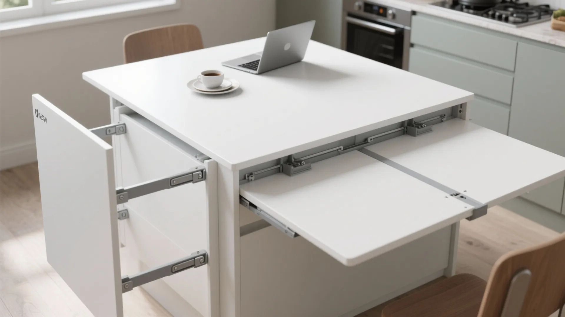 5. Drop-leaf white table with gray hardware for multifunctional use