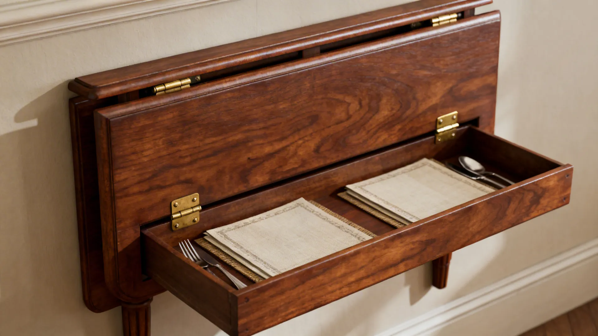 Drop-leaf wall table folded with a hidden shallow storage compartment holding placemats and cutlery.