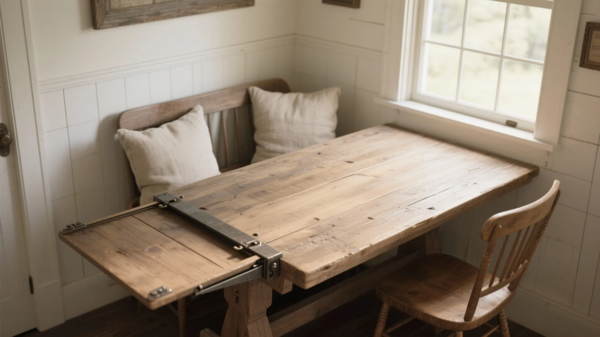 Rustic wooden dining table with extension leaf next to a bench with white throw pillows