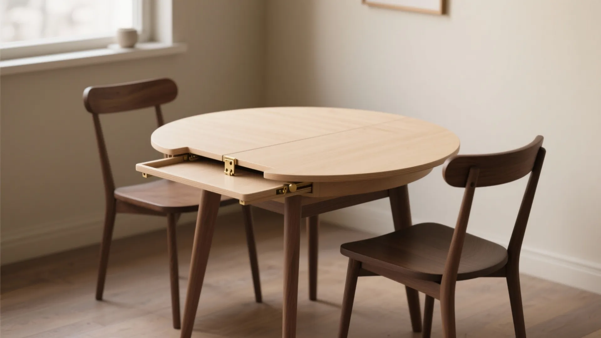 Round wooden table with an extendable leaf shown open between two simple dark wood chairs