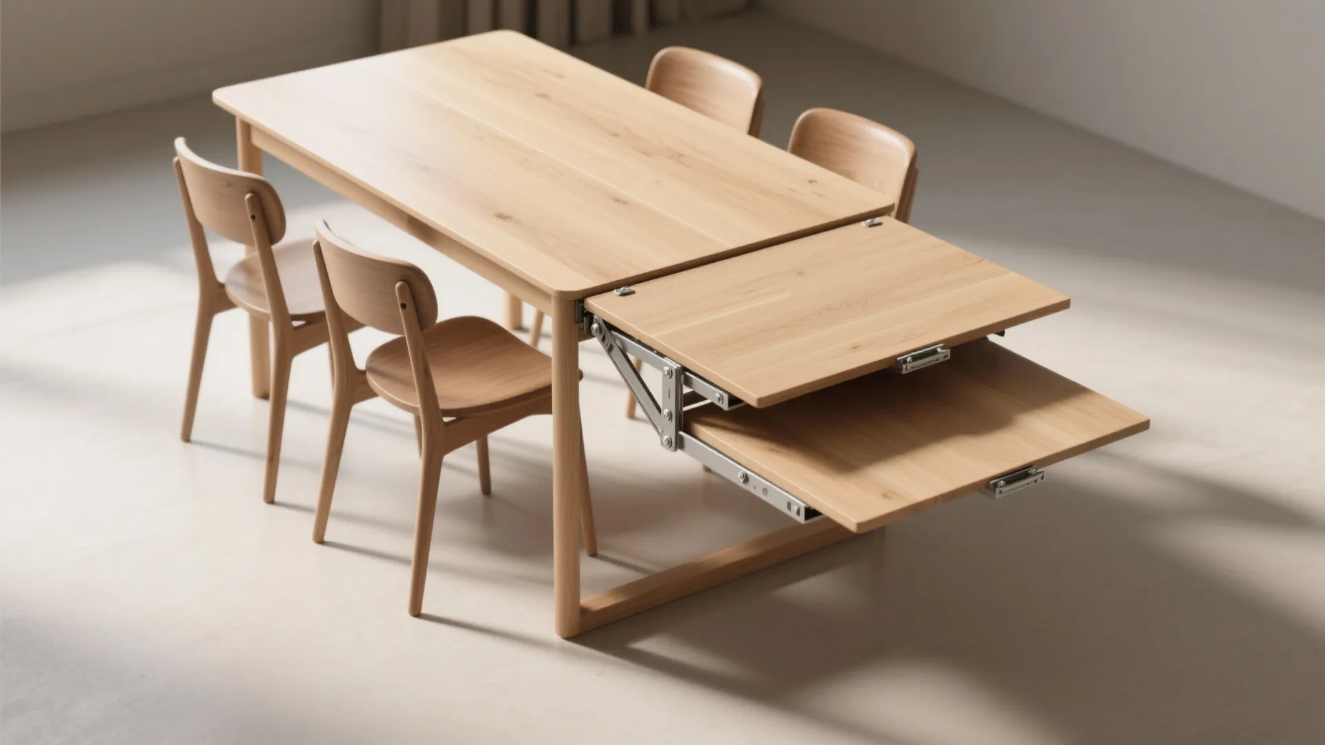 Wooden dining table with an adjustable extension leaf being pulled out to create more surface space