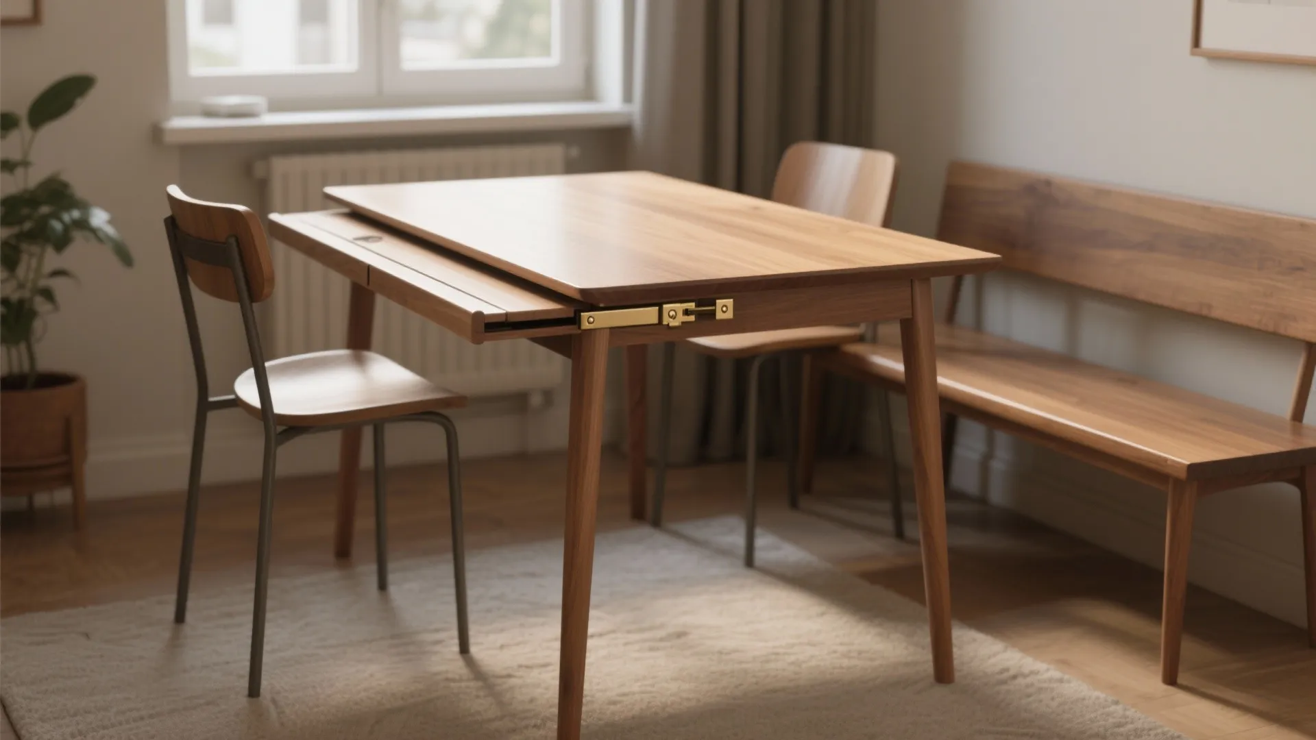 Small wooden table with a side piece that can fold out to make more space