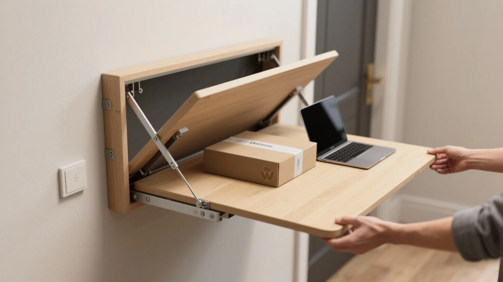 Person opening a wall mounted wooden folding desk holding a laptop and a small brown box