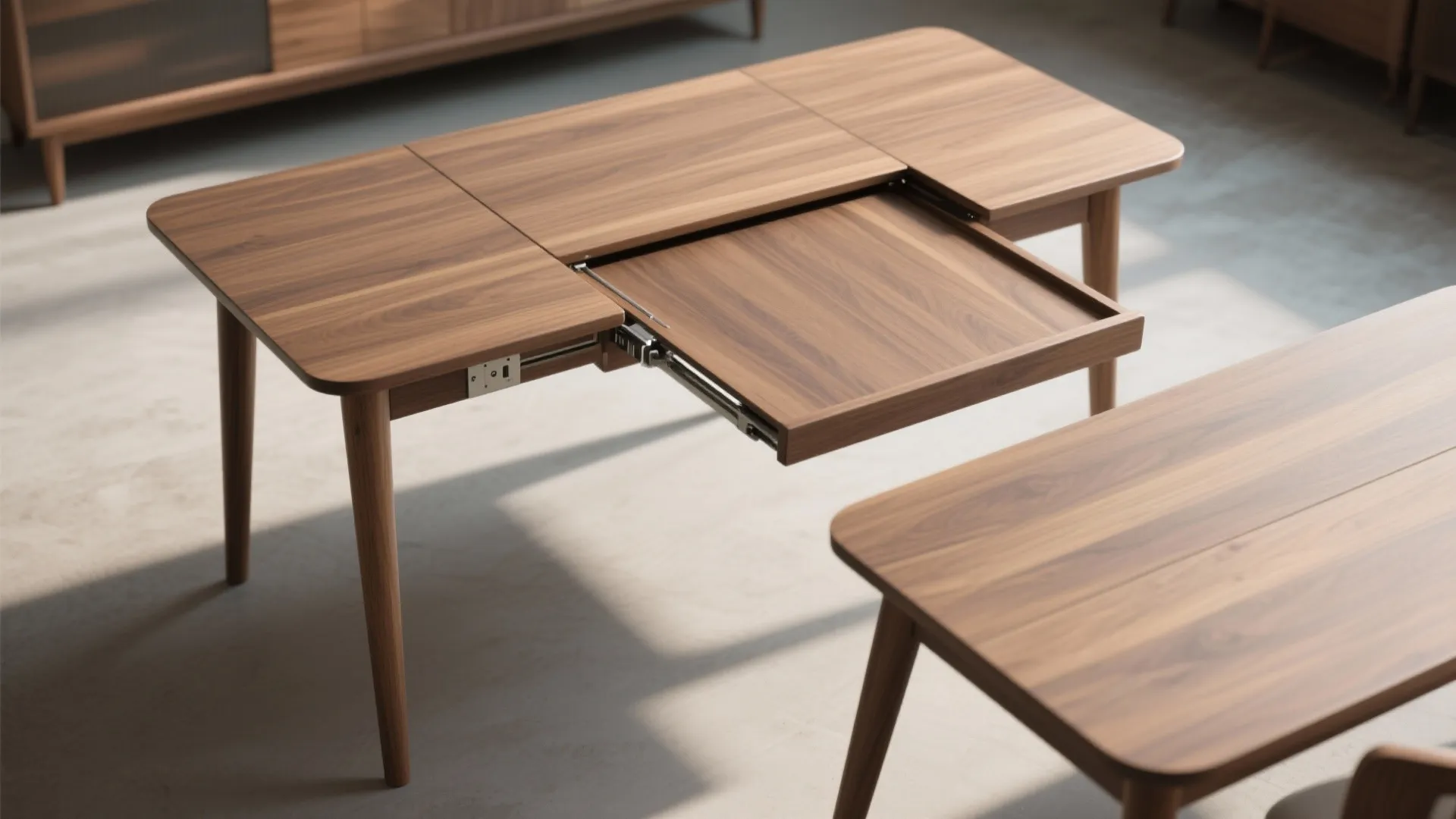 Wooden dining table with an adjustable pull-out extension leaf shown in a bright modern room