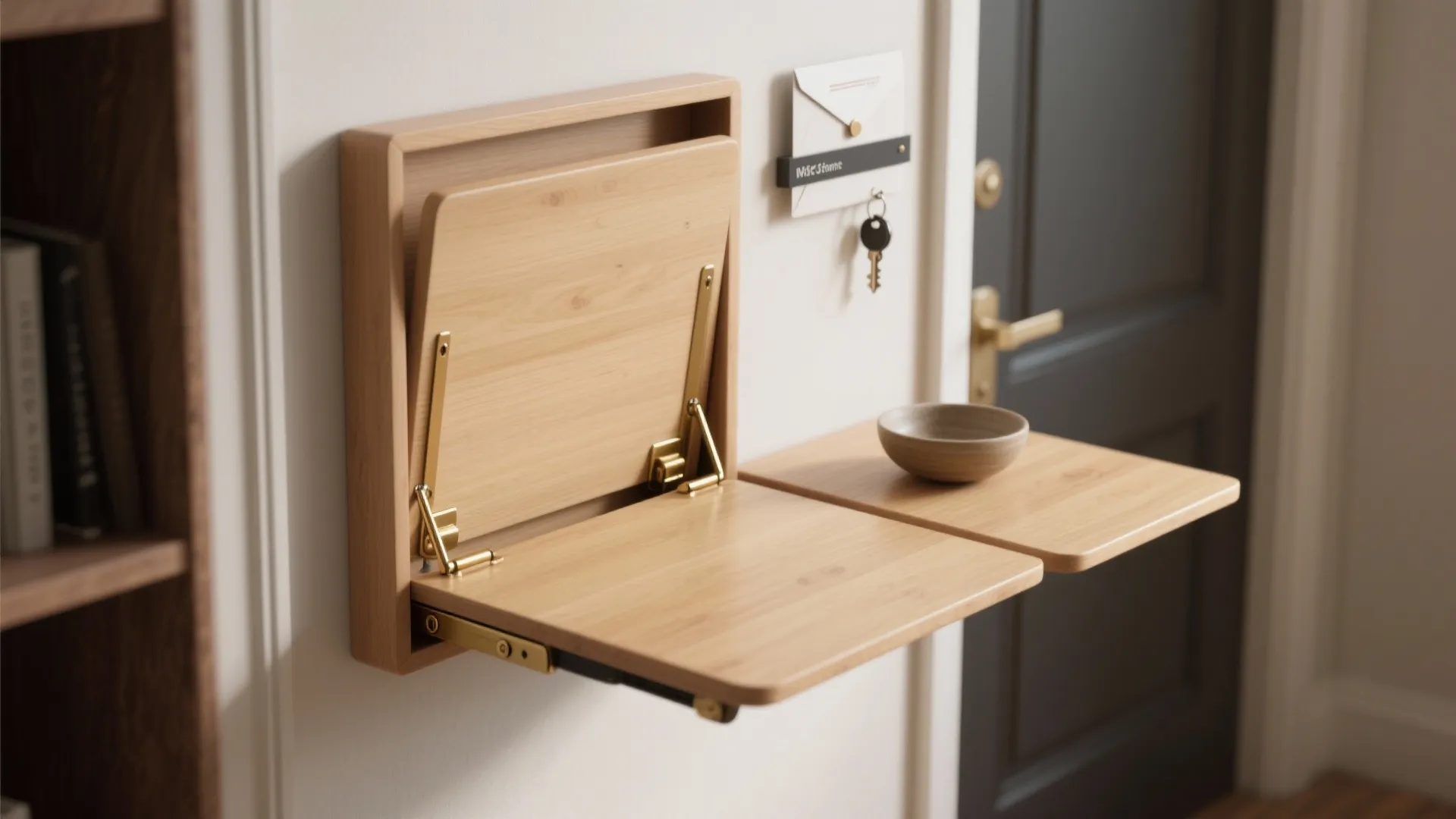 Fold-down drop-leaf table mounted on a narrow wall with magnetic key strip and brass hinges.