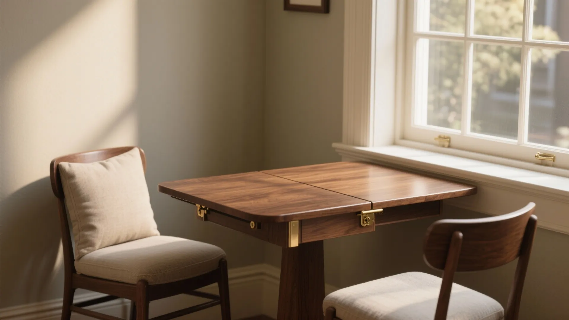 Small dining nook with a walnut drop-leaf table half-extended next to a window ledge.