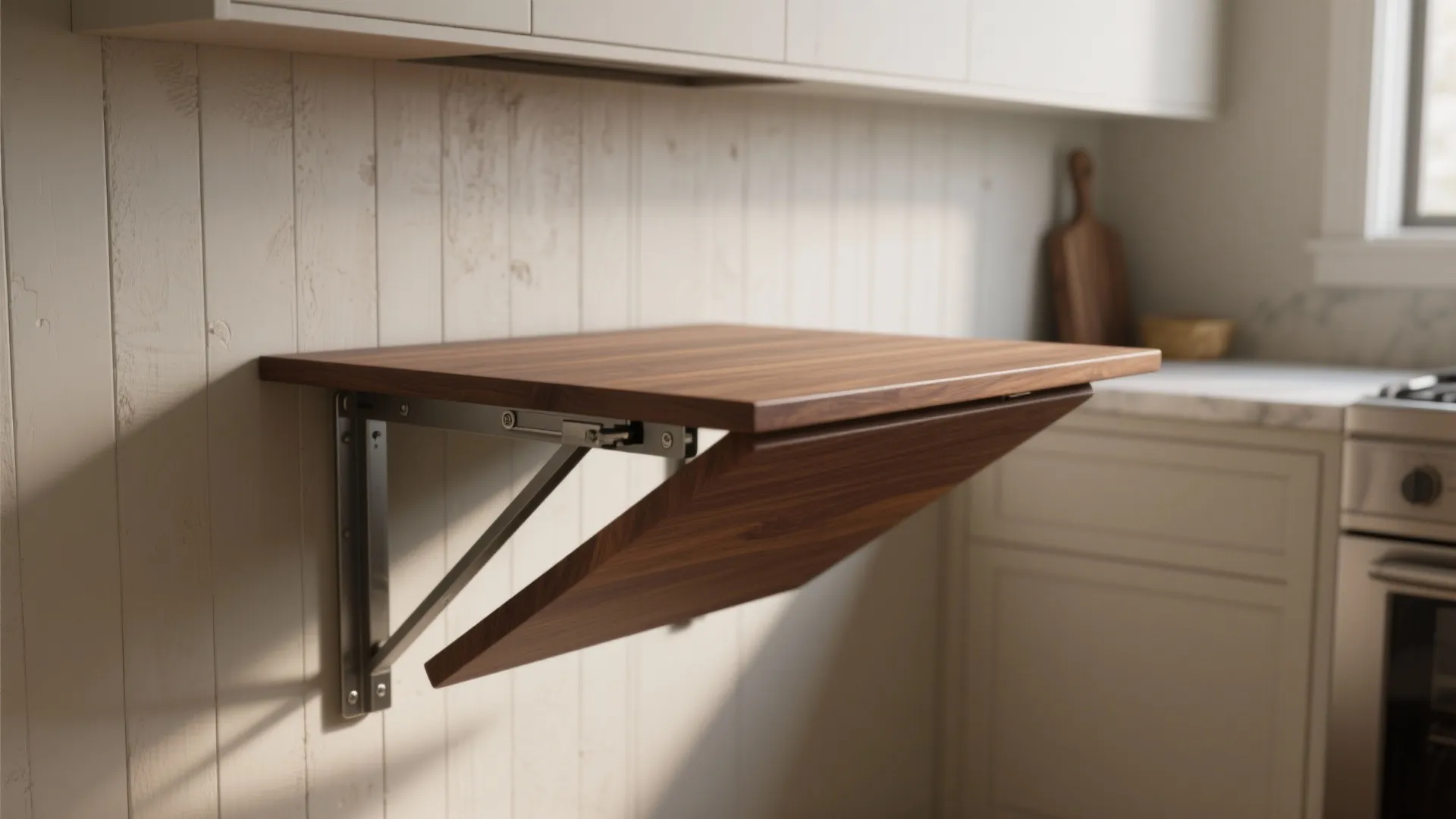 Wall mounted wooden folding table shown partially extended with metal support brackets in a modern kitchen