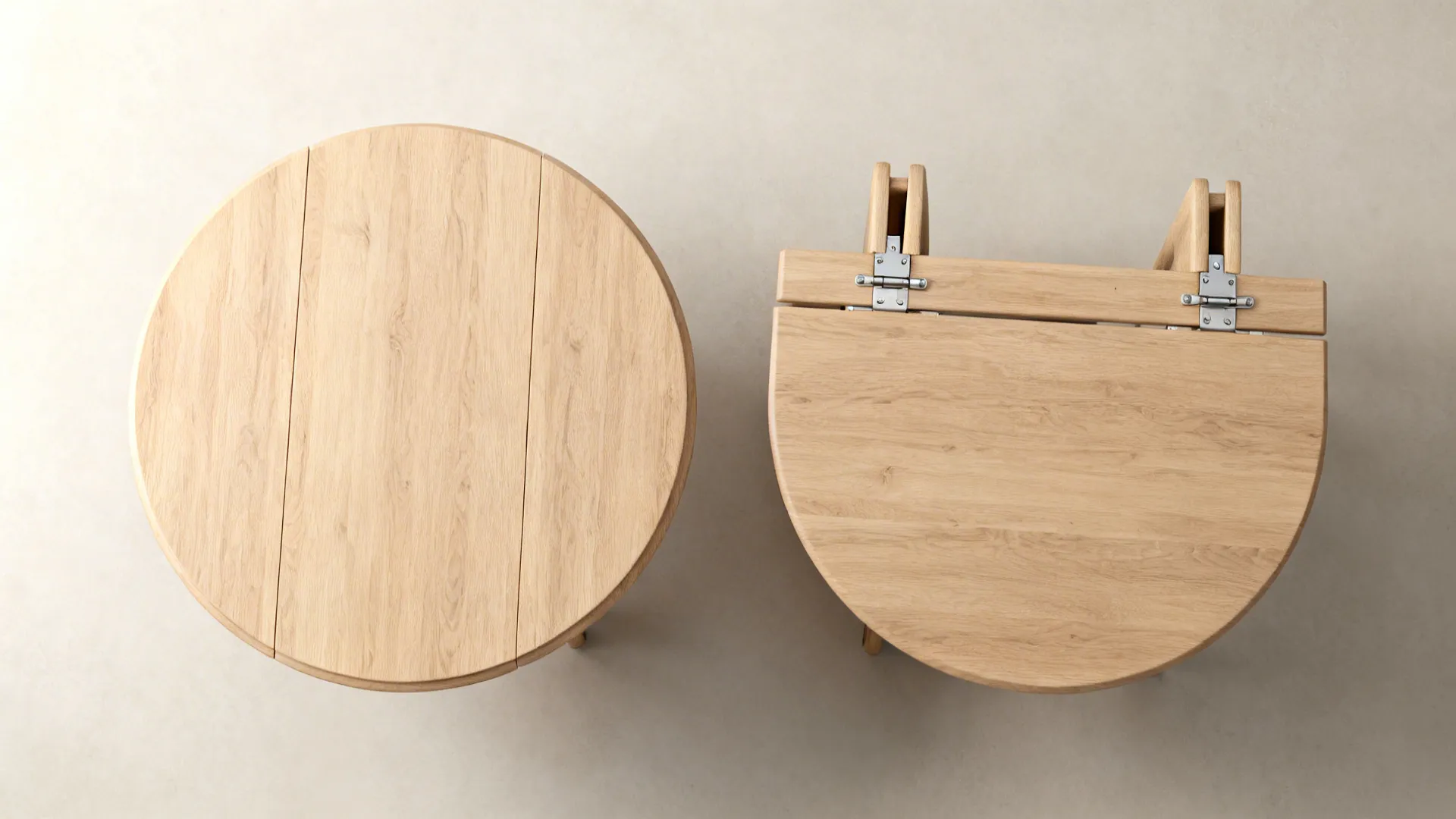 Top-down view of a drop-leaf round table showing compact and expanded configurations with visible hinges