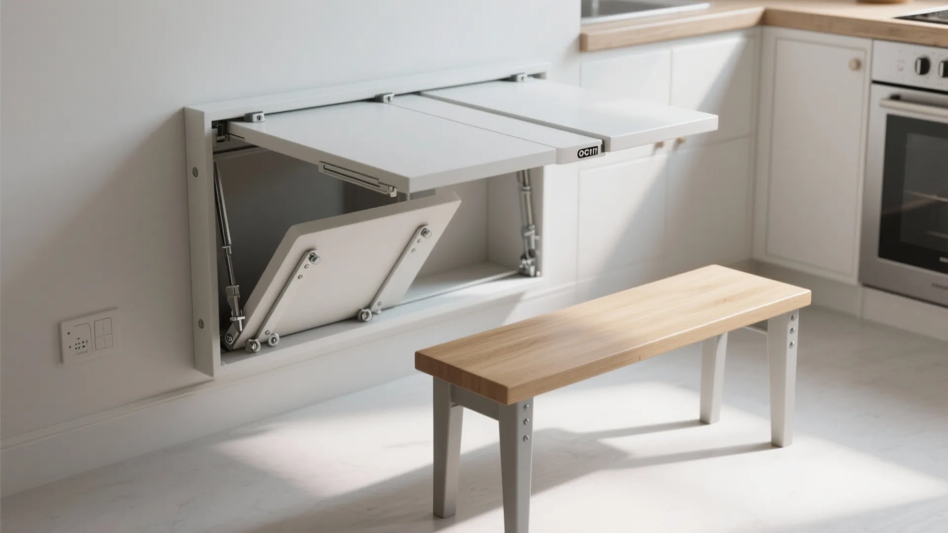 Modern white folding wall table with wooden bench in a small kitchen with white cabinets