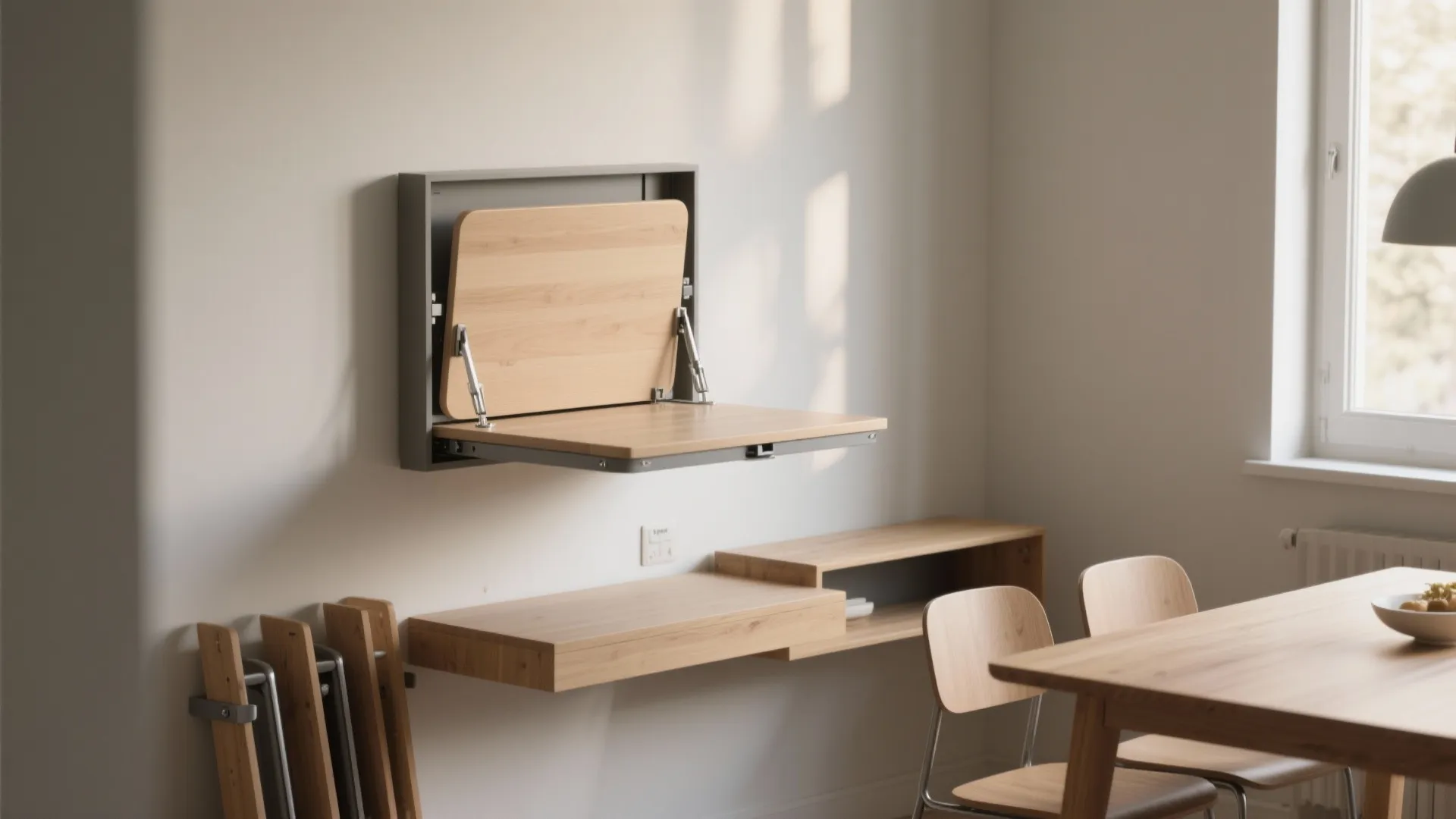 Wall mounted folding wooden table attached to white wall near wooden desk and dining chairs
