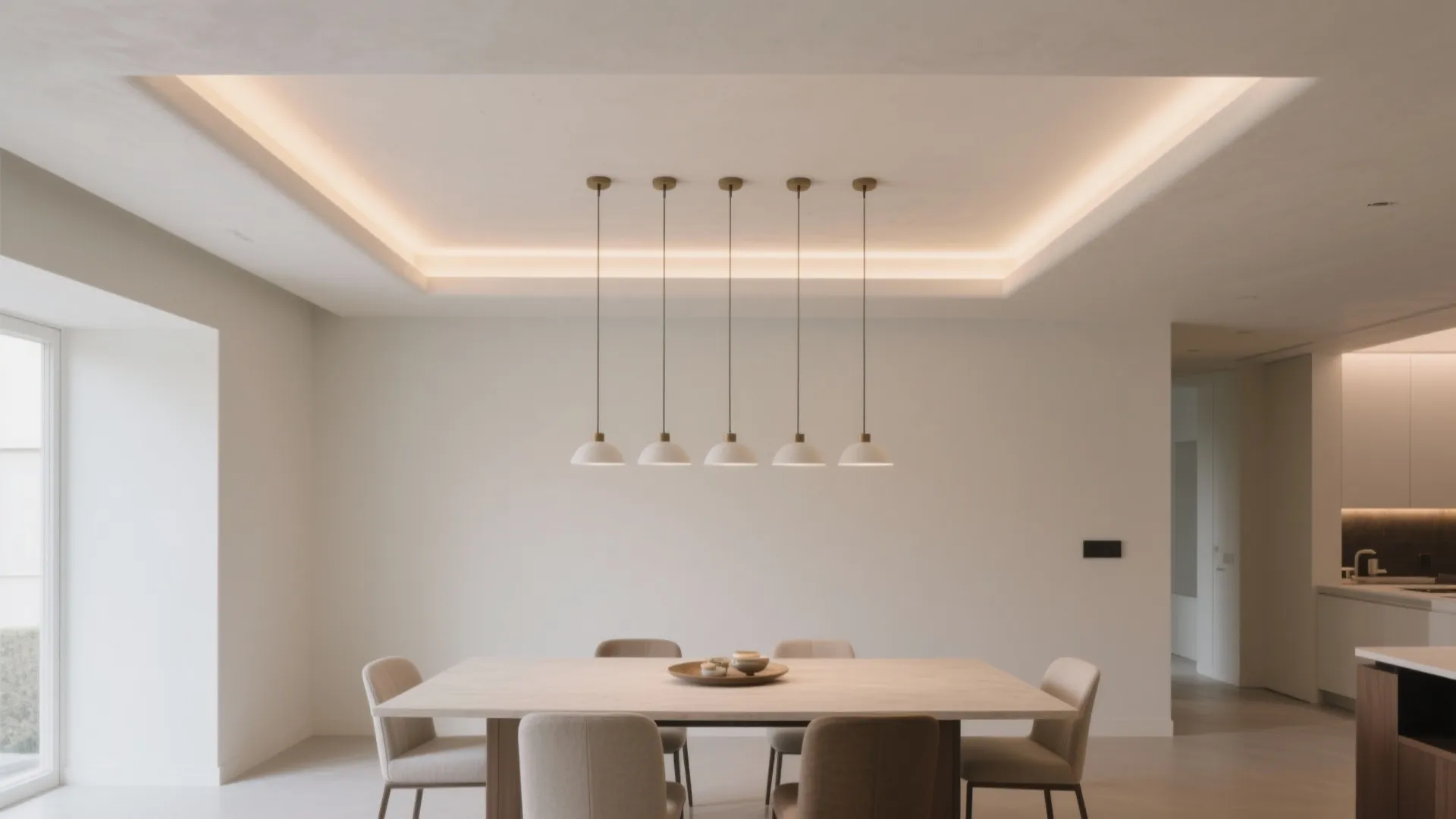 Modern dining room with white walls five pendant lights over a wooden table and chairs