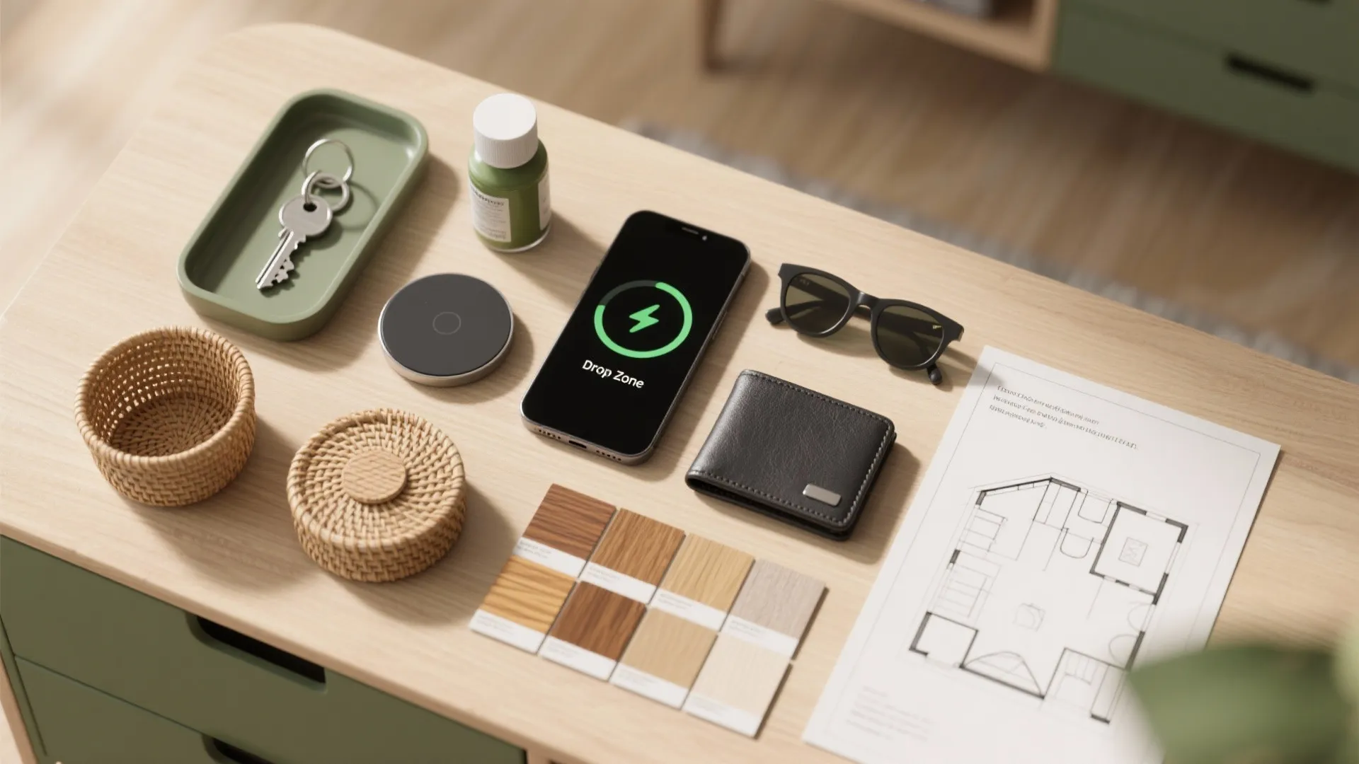 Top-down flatlay of drop zone essentials: keys, phone on charger, wallet, sunglasses, basket sample and finish swatches.