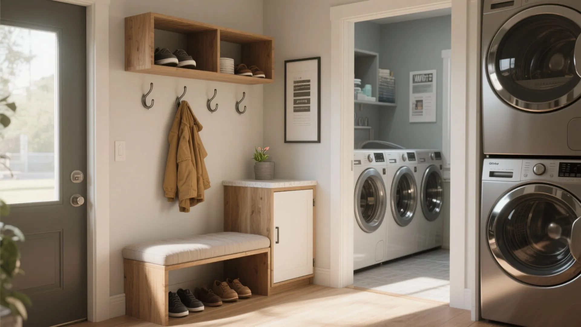 Entryway mudroom with wood bench wall hooks and view into laundry room with washing machines