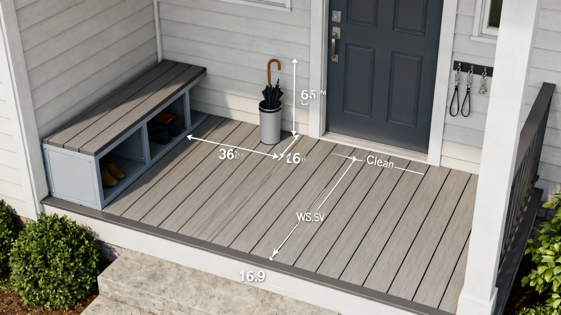 Entrance porch with grey wood floor bench shoe rack and white measurement lines design layout