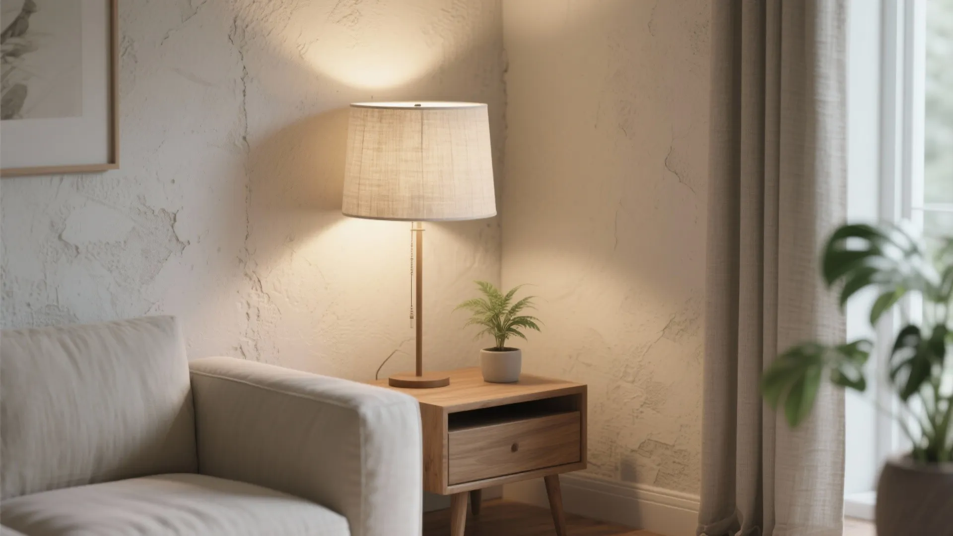 Modern living room corner with white sofa wooden side table warm light fixture and small plant