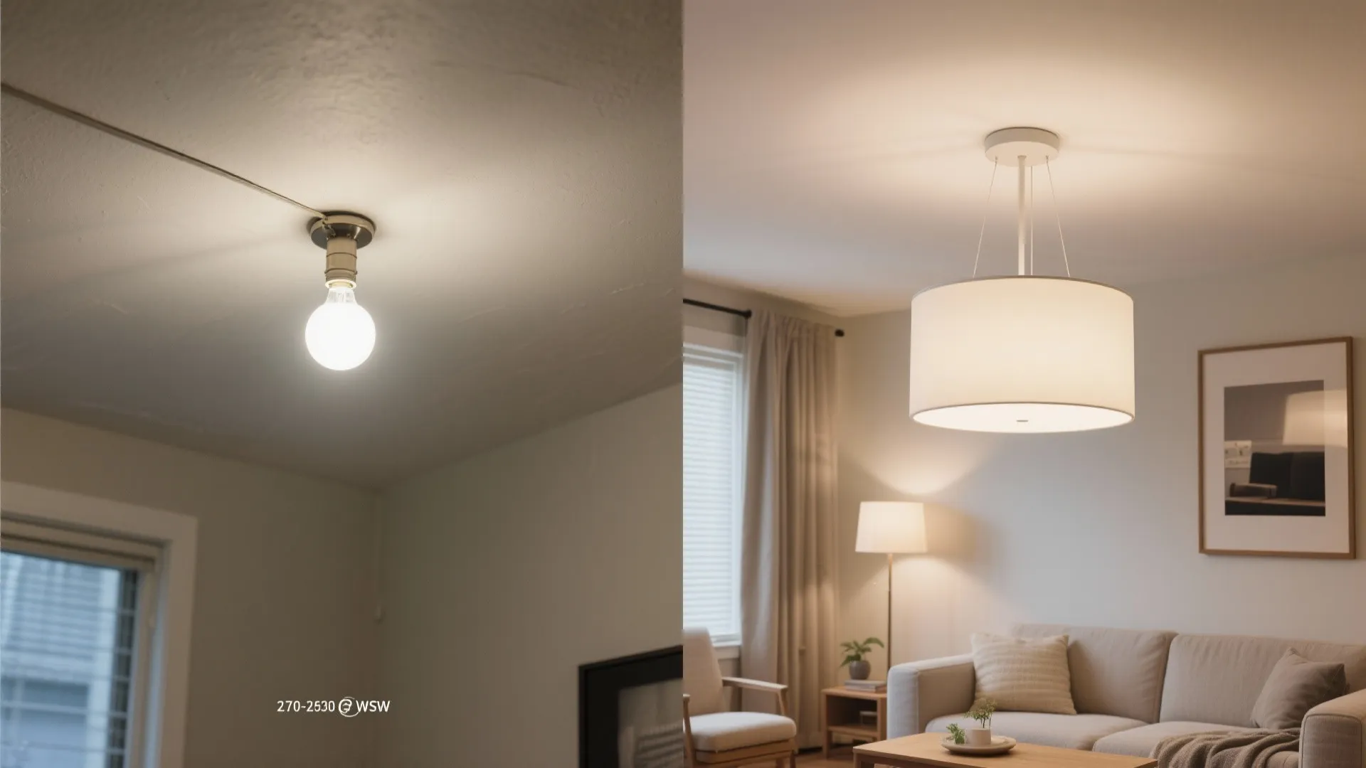Before: harsh bare bulb; After: soft flush-mount drum lighting in a small living room.