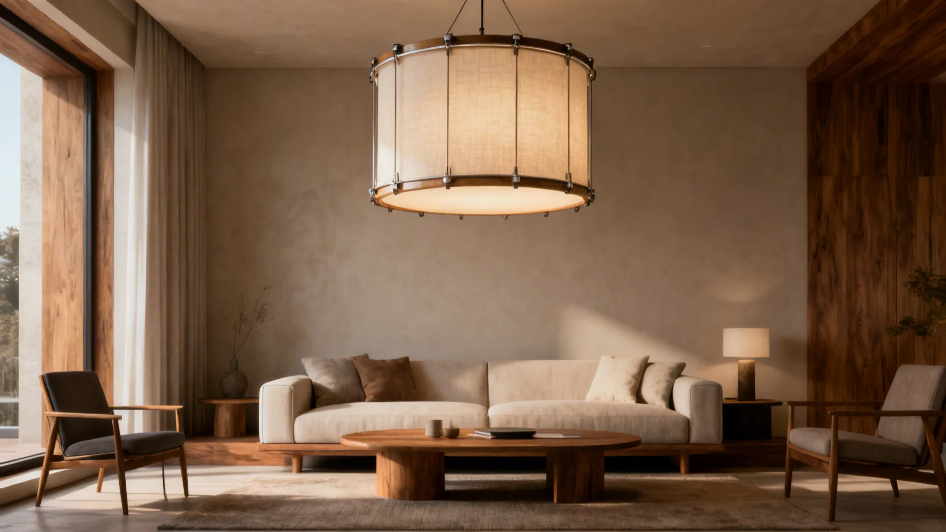 Living room with a large drum pendant centered above the seating area providing soft, diffused light.