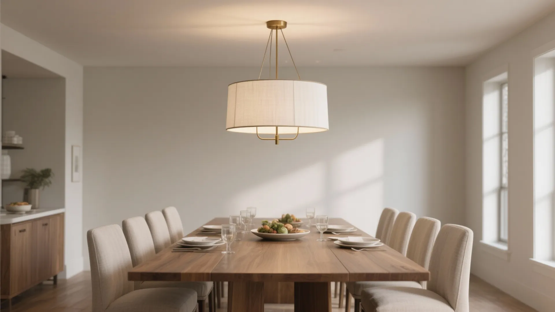 Off-white fabric drum chandelier in matte brass softly lighting a modern dining table.