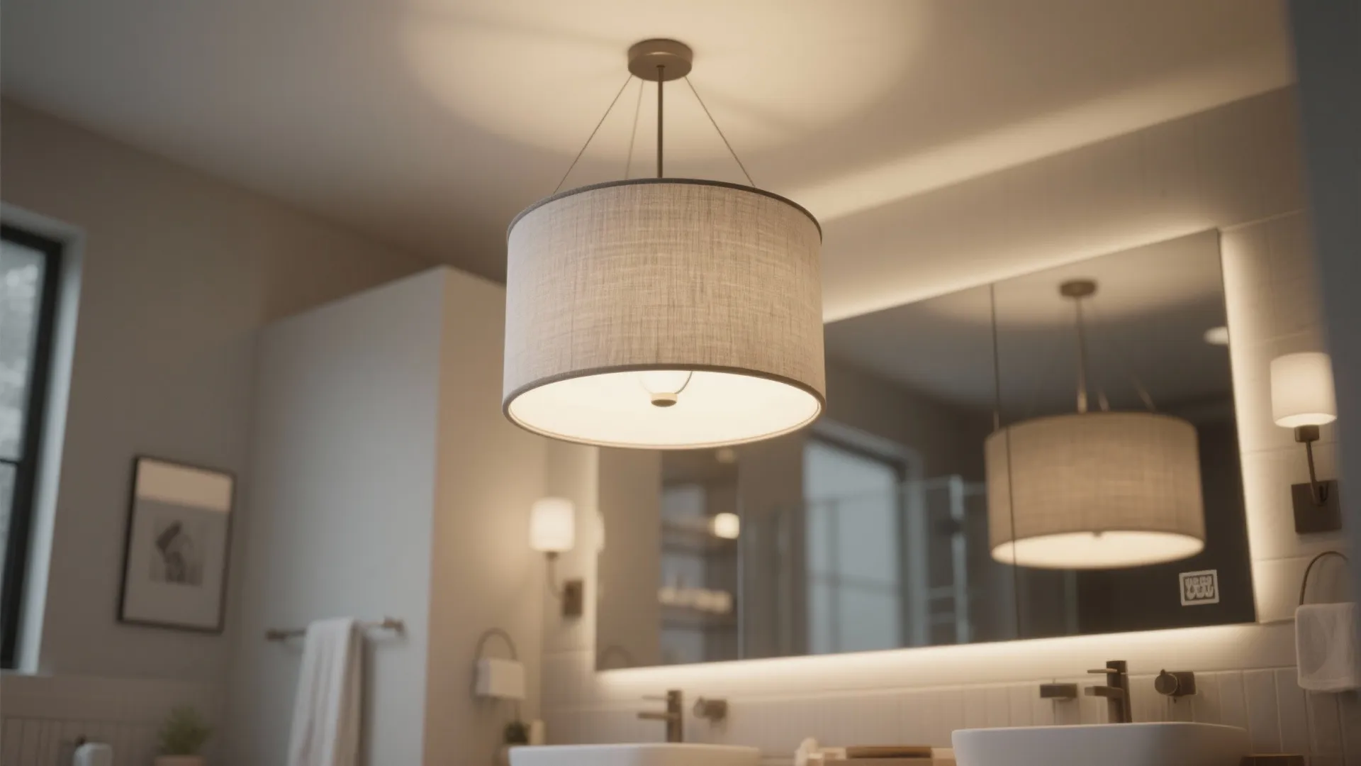 Modern bathroom illuminated by a small drum-style chandelier with a fabric shade.