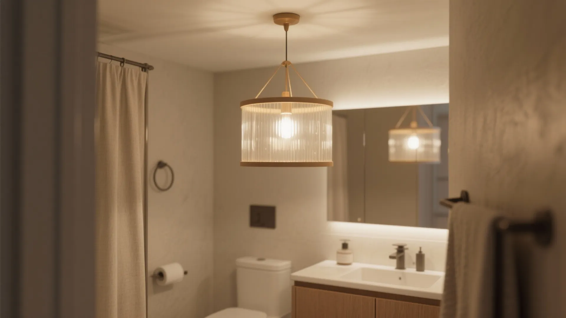 Warm bathroom interior featuring a glass drum ceiling light wood cabinet and backlit rectangular mirror