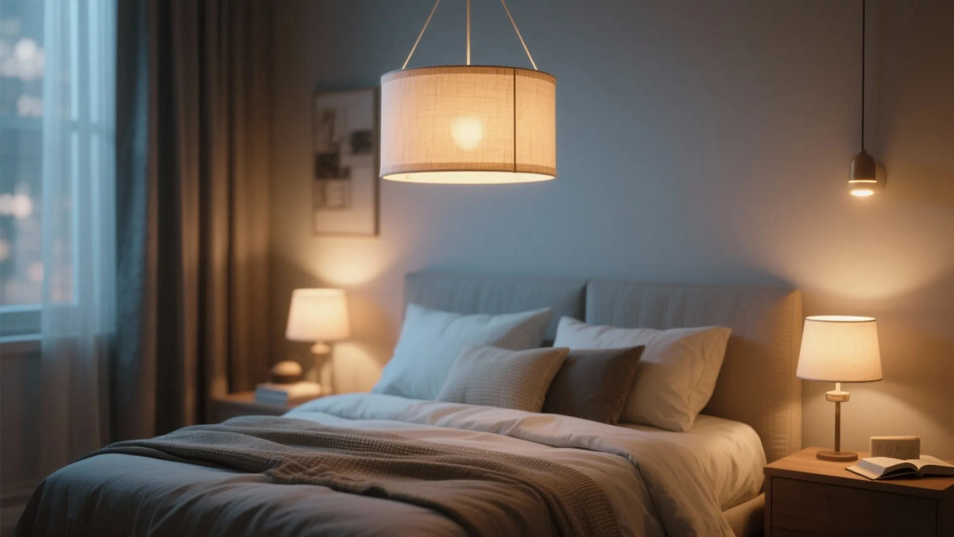 Small drum chandelier with a fabric shade creating a warm, diffused glow in a cozy bedroom.