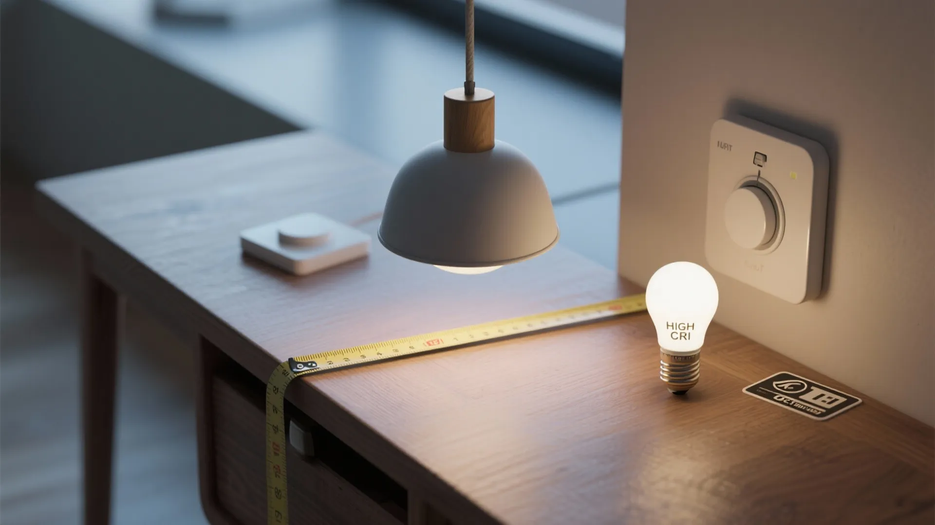 Measuring tape, dimmer switch and high-CRI LED bulb beside a pendant mock-up for practical fixture guidance