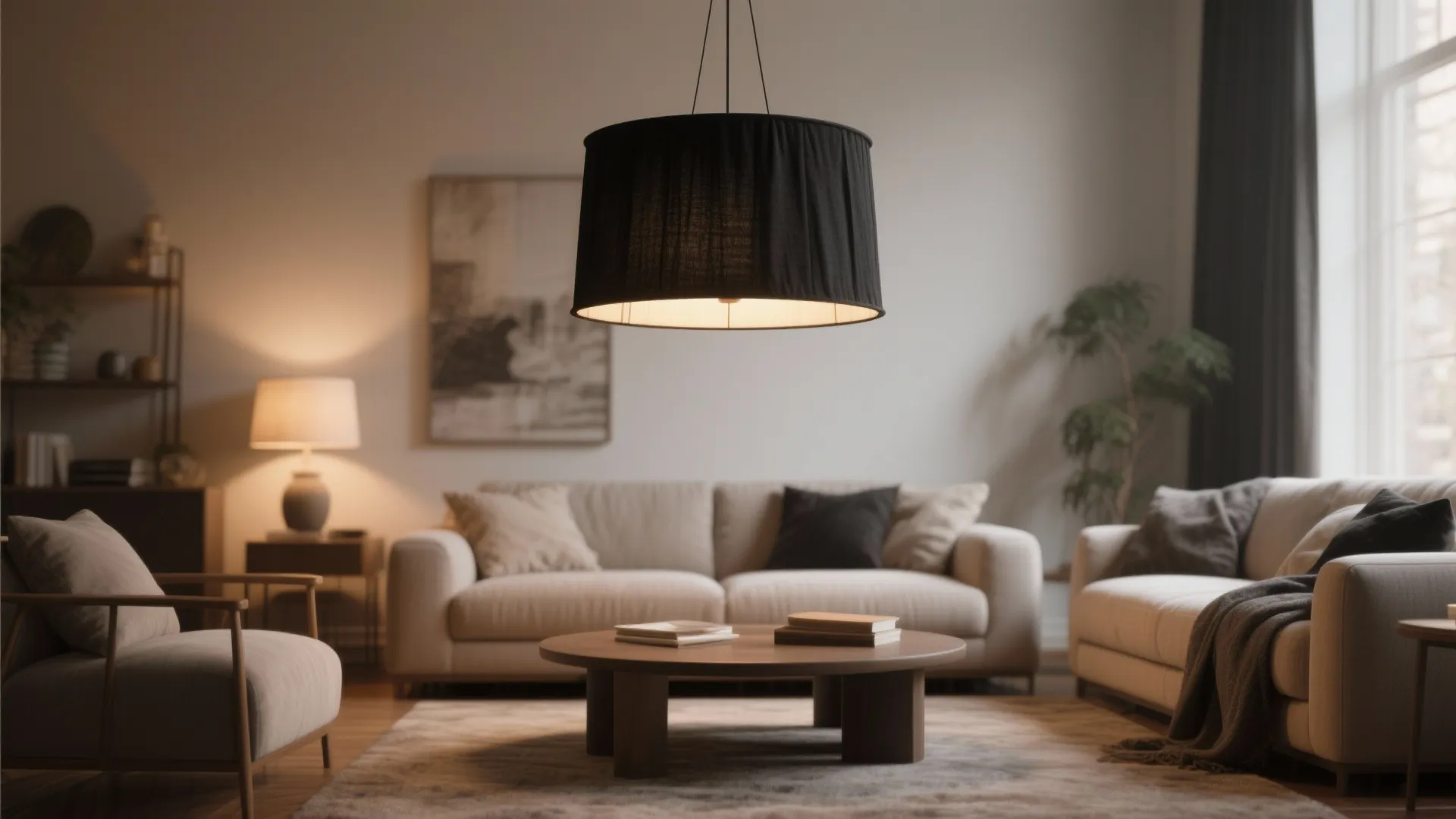 4. Black drum chandelier with fabric shade