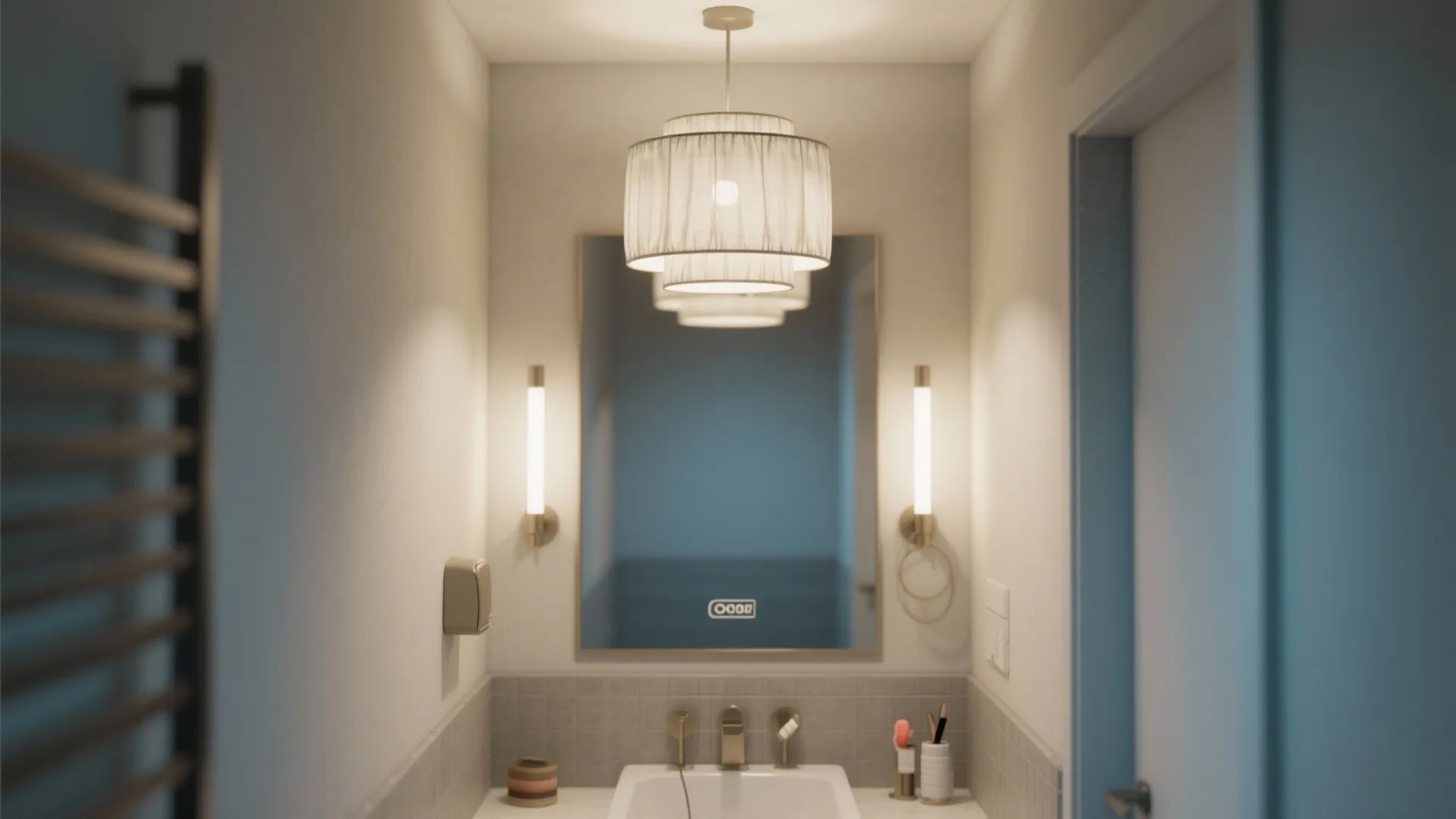 Small bathroom with white fabric ceiling light rectangular mirror wall light fixtures and white wash basin