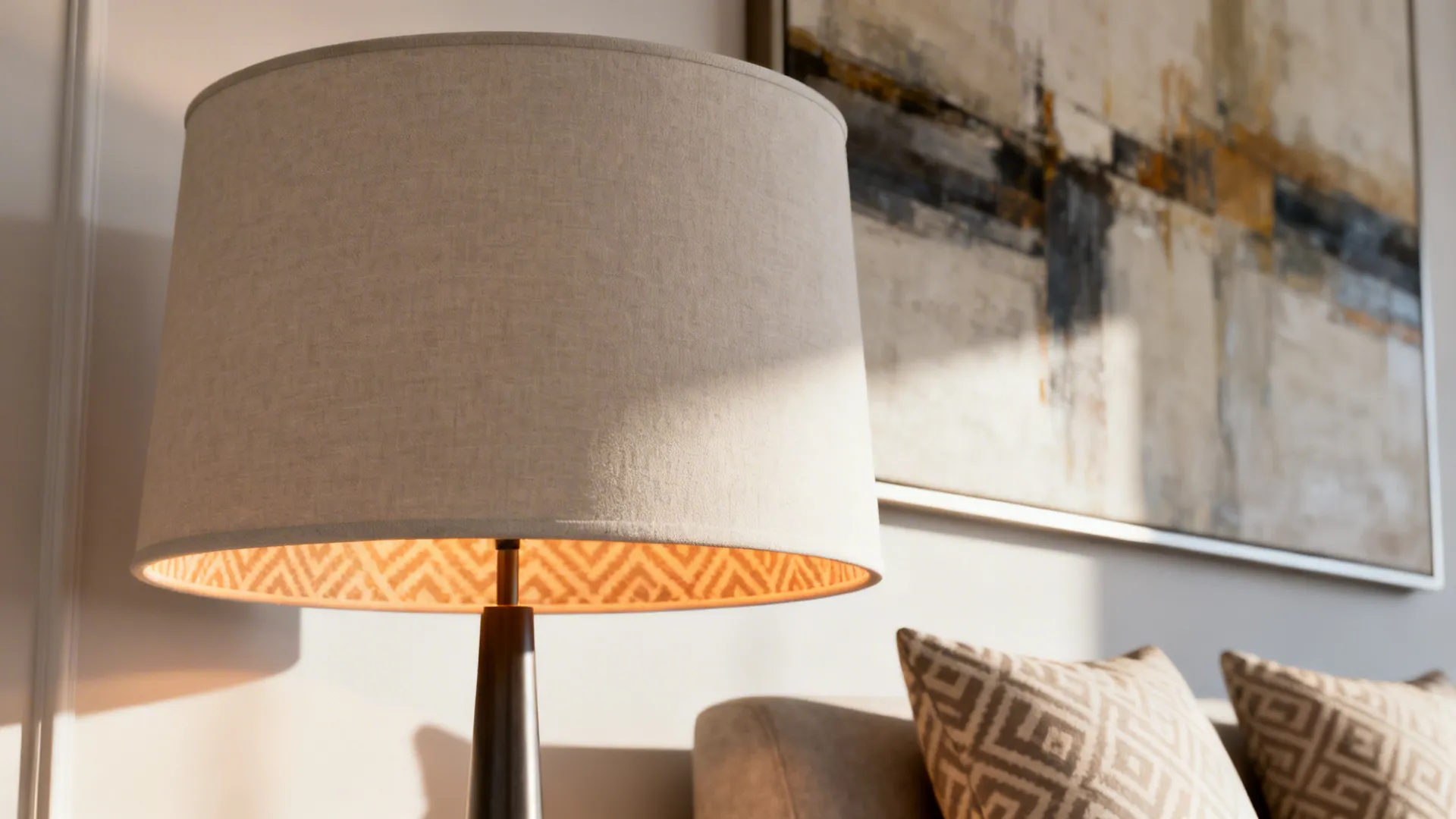 Table lamp with patterned shade in a living room near sofa pillows and abstract painting