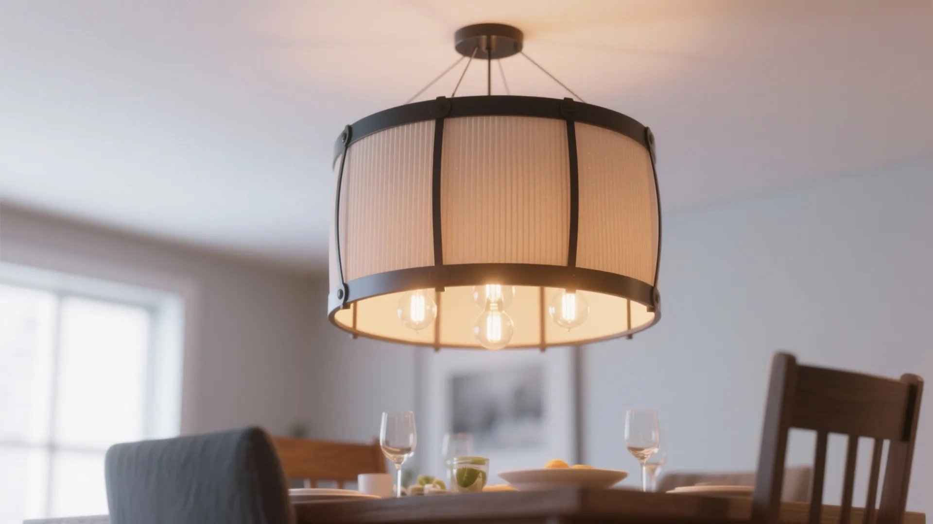 Statement drum pendant retrofitted with warm LED bulbs in a small dining room