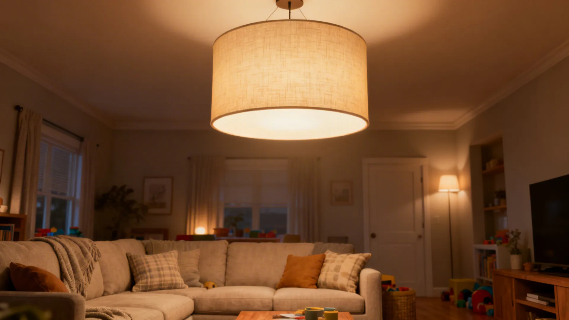 Cozy living room with a low-profile fabric drum pendant providing soft, even light.